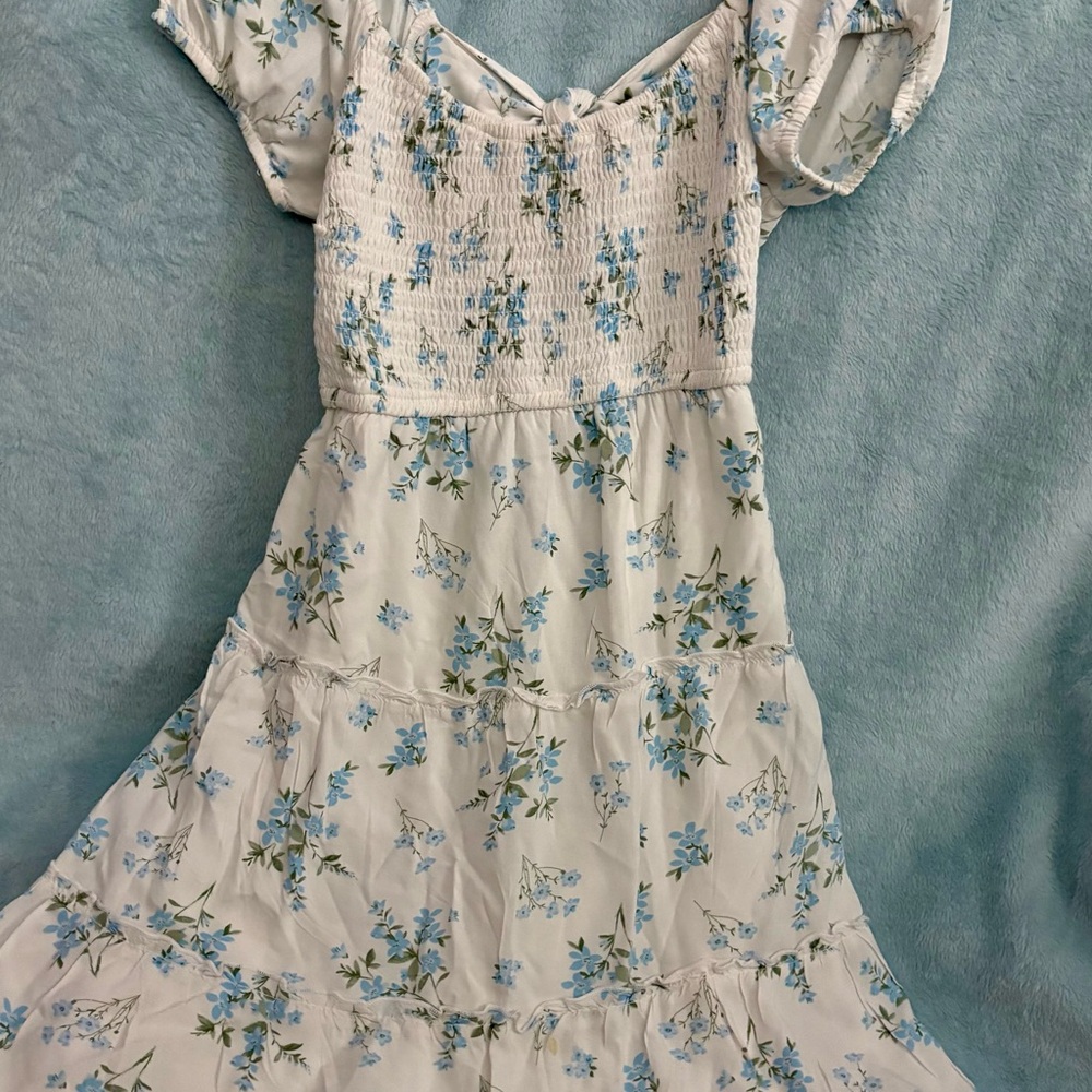 White mini dress with blue florals